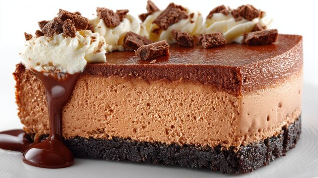 a fresh slice of creamy chocolate cheesecake with a chocolate crust on a white isolated background, decadent and sweet design