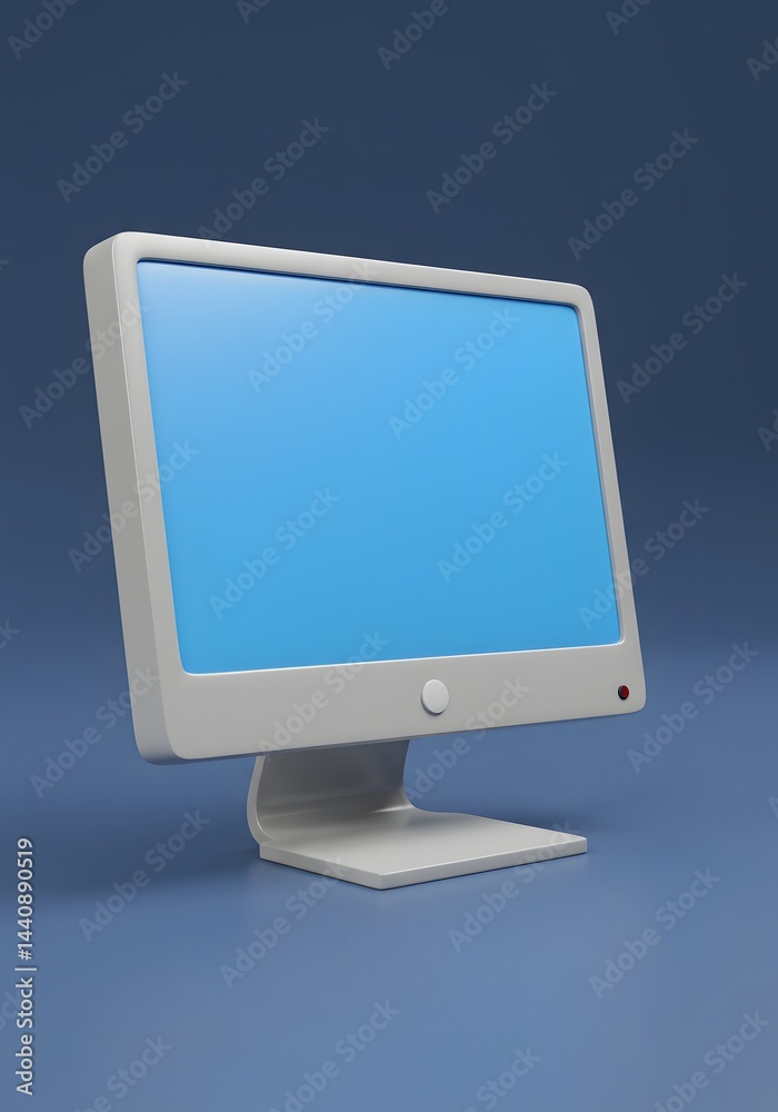 Poster stylized render of a modern computer monitor with a blue screen against a solid blue backdrop displa