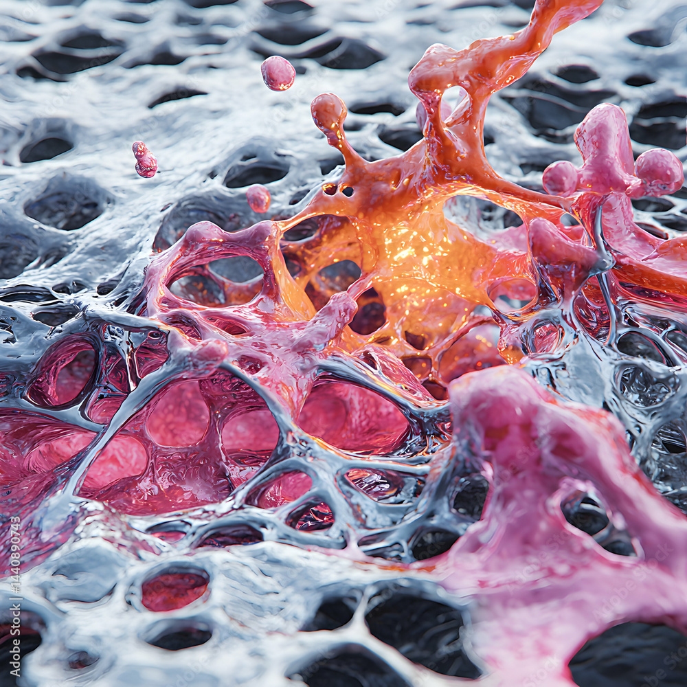 Poster an abstract macro image of biological structures. suggests cellular growth and complex internal syst