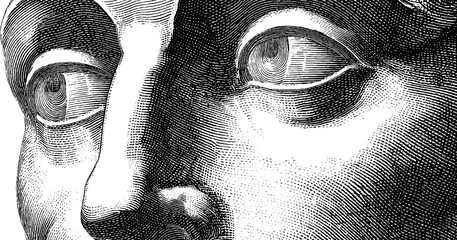 Detailed black and white engraving of a human face close-up.