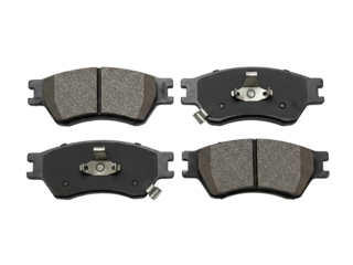 Set of Four Automotive Brake Pads (Top-Down): A top-down view of a set of four automotive brake pads with ceramic friction material and metal backing plates, set on a transparent surface.