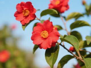Cluster of Vibrant Red Flowers Under a Bright Blue Sky
