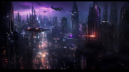 Obraz premium A futuristic city on a distant planet, with neon-lit towers, flying vehicles, and a glowing purple sky above.
