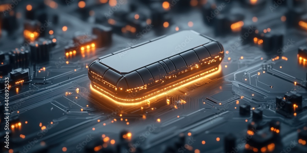 Poster futuristic microchip design illuminated with glowing circuits and technology elements