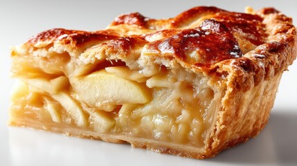 a fresh slice of apple pie with a golden, flaky crust on a white isolated background, warm and comforting design