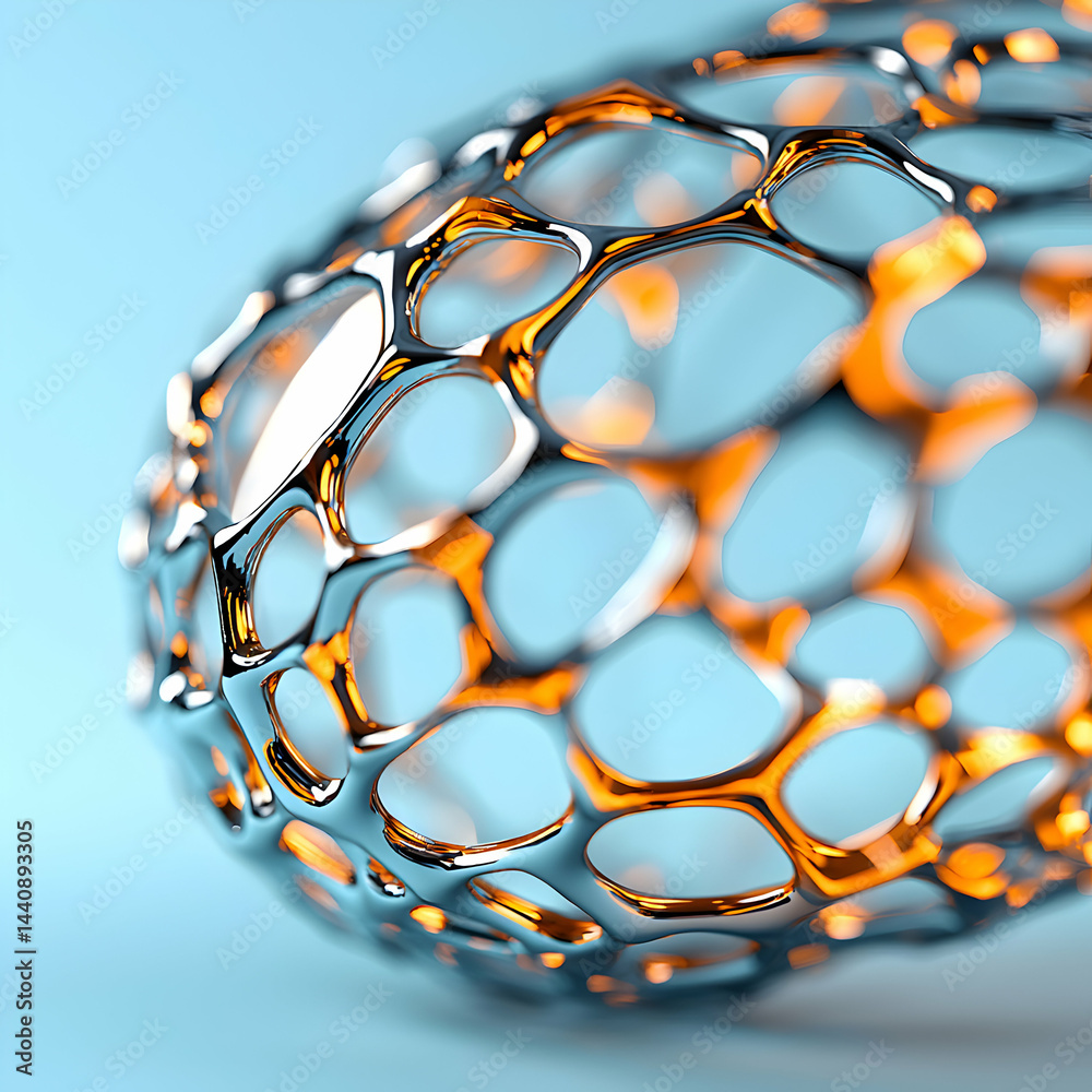 Poster an abstract rendering of a metallic organic form with a web-like structure. suitable for science fic