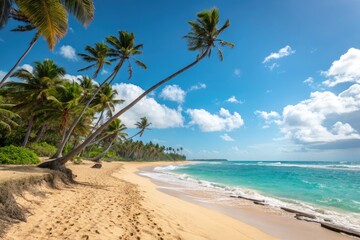 Fototapeta premium Tropical Beach With Palm Trees Under a Sunny Blue Sky Generative AI