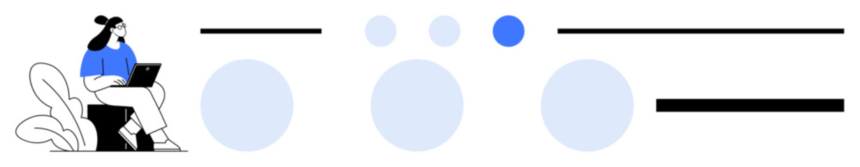 Woman sitting with laptop on a chair, surrounded by abstract geometric shapes, lines, and dots. Ideal for technology, remote work, productivity, design, minimalism data visualization simple landing