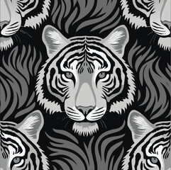 Fototapeta premium Black and white seamless pattern with tiger skin, Seamless tiger stripe pattern, Wild animal tiger head face mascot design vector illustration, (Panthera tigris) big cat jungle animal