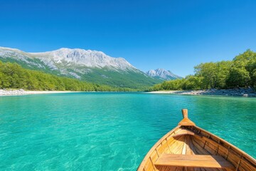 Obraz premium Stunning view of clear turquoise water and mountains from a boat on a sunny day by a serene river