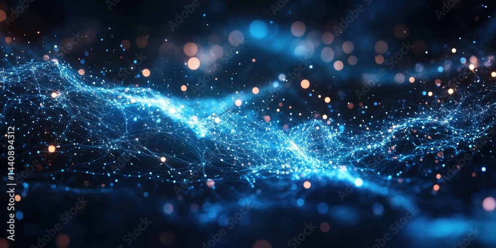 Wall mural abstract digital network with glowing particles and flowing lines in blue tones