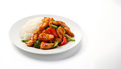 Stir-fried vegetables and chicken with rice and sauce on white plate, white background with copy space