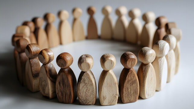 A circle of wooden figurines, symbolizing unity and collaboration among diverse groups.