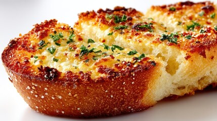 a warm slice of buttery garlic bread with crispy edges on a white isolated background, savory and comforting design