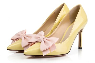 Naklejka premium Stylish Yellow High Heels With Pink Bows for Chic Occasions Generative AI