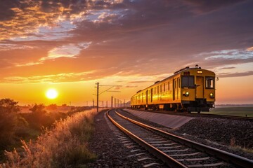 Yellow Train Travels Along Tracks During Sunset Generative AI