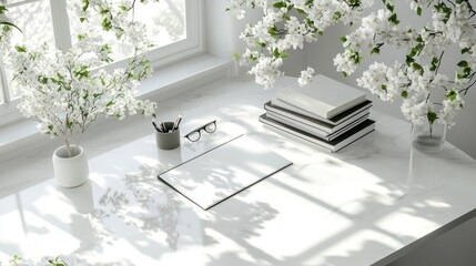 White minimalist desk with blooming flowers