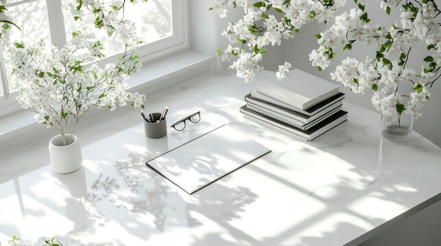 White minimalist desk with blooming flowers