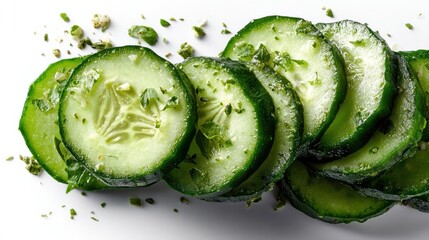 a fresh, crunchy cucumber sliced into rounds on a white isolated background, crisp and fresh design