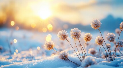 Winter sunrise on frosted plants