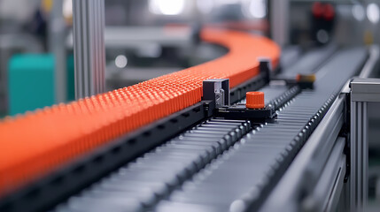 Automated conveyor belt transporting orange goods in a modern industrial factory setting.