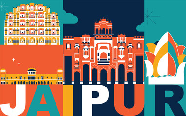 Typography word Jaipur branding technology concept. Collection of flat vector web icons. Indian culture travel set, architectures, specialties detailed silhouette. Doodle Asian famous landmarks
