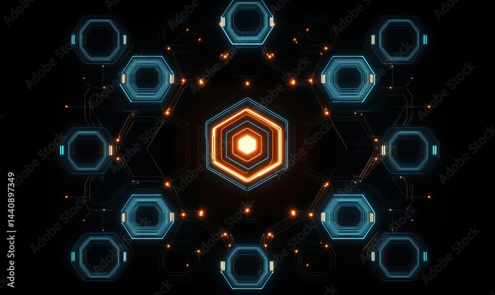 Poster futuristic hexagonal network design with glowing elements and dark background