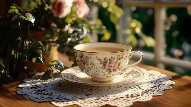 Elegant floral teacup rests on lace doily amid sunlit greenery