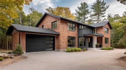 This spacious brick home showcases contemporary design, complete with a stylish black garage, set against a backdrop of lush trees. A serene retreat in a peaceful environment awaits