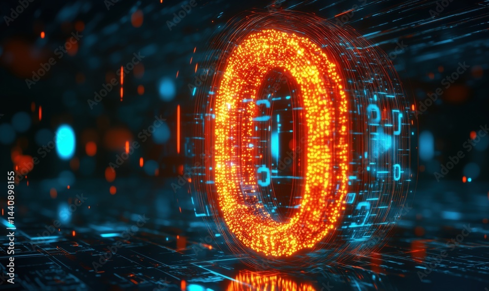 Wall mural digital number zero in glowing neon lights with futuristic data background