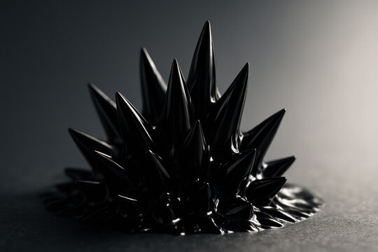 Ferrofluid Spikes: Abstract close-up of a ferrofluid forming sharp, spiky structures, showcasing the unique properties of this magnetic liquid. The dark, almost black.