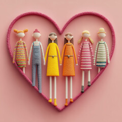 Colorful paper chain dolls forming a heart on pink background  