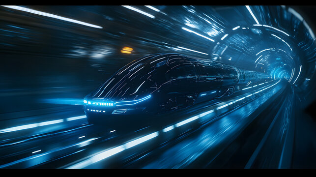 A futuristic hyperloop train speeding through a tunnel with glowing blue lights.