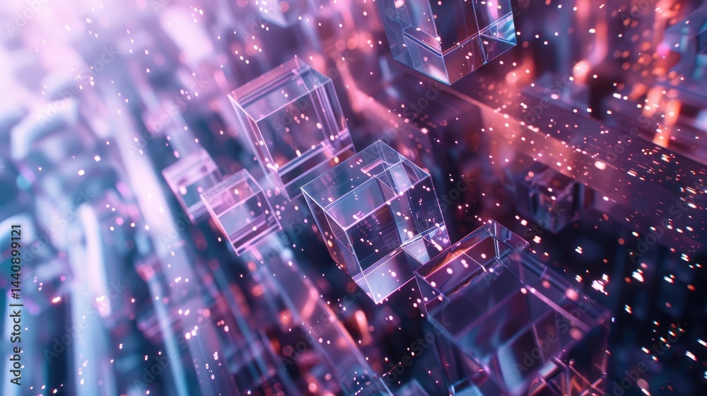 Poster explore a captivating abstract data visualization featuring colorful cubes in motion, representing d