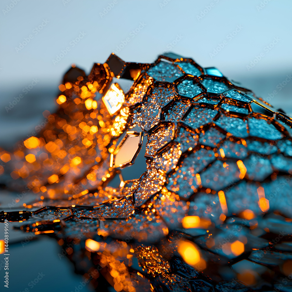 Poster abstract image of reflective honeycomb structure. perfect for tech design or futuristic backgrounds 