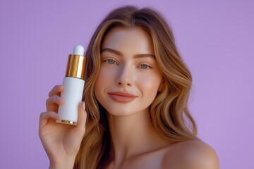 Young Woman Holding White and Skincare Serum Bottle on Soft Lavender Background.
