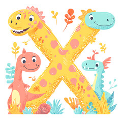 Obraz premium Whimsical dinosaurs playfully arranged around an X shaped element in a cheerful, colorful scene.