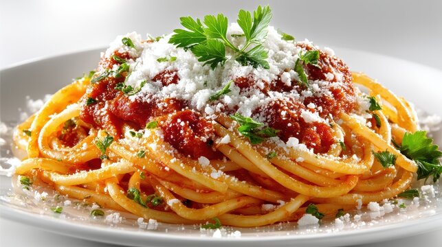 a warm plate of spaghetti with marinara sauce and grated parmesan on a white isolated background, comforting and savory design