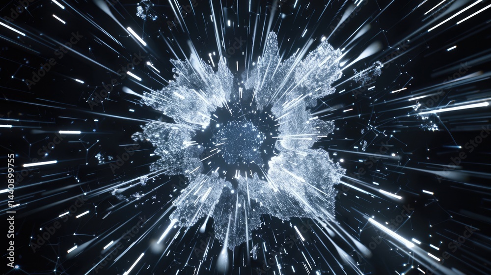 Poster this captivating image features exploding white spheres emanating vibrant neon light against a dark 