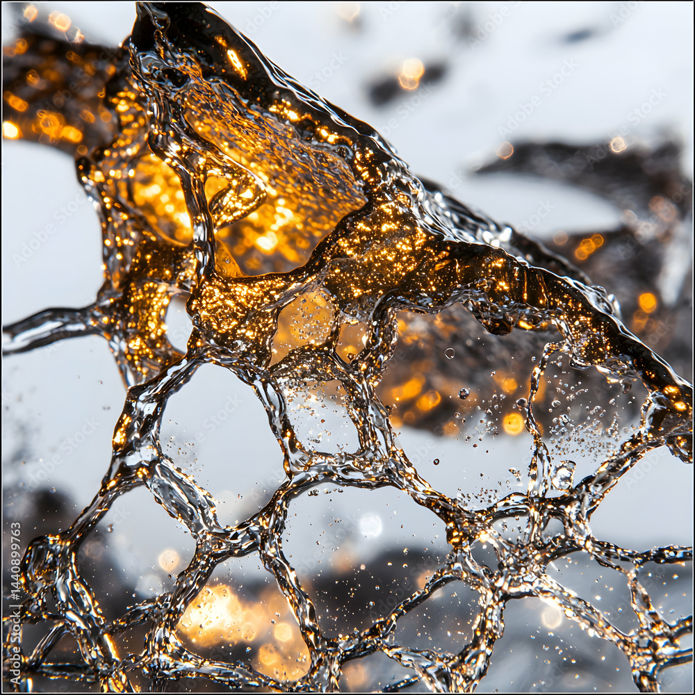 Poster close-up captures dynamic water play. sparkling droplets create intricate patterns. great for abstra