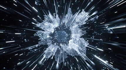 Fototapeta premium This captivating image features exploding white spheres emanating vibrant neon light against a dark background, creating a mesmerizing visual effect perfect for abstract art themes.