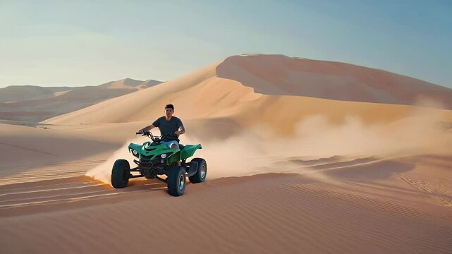 Man on quad bike in desert sand dunes.