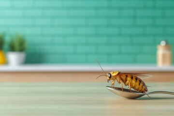 Fresh cockroach on a silver spoon in a modern kitchen setting with green backsplash