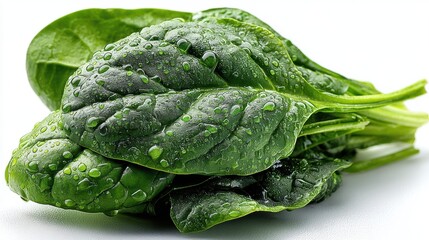 Fototapeta premium a fresh bunch of deep green spinach leaves on a white isolated background, healthy and fresh design
