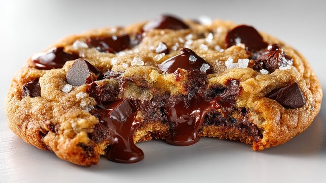 a close-up of a rich, gooey chocolate chip cookie with melting chips on a white isolated background, warm and indulgent design