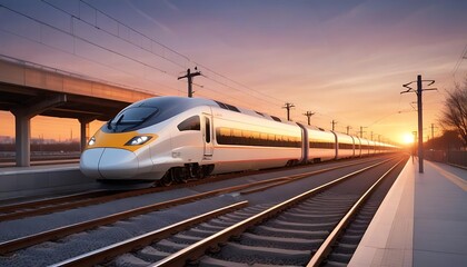 Naklejka premium High-speed train travels along modern track at sunset in an urban environment, created with generative ai