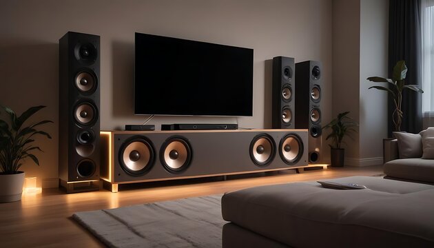 audio speaker setup in modern home entertainment room with ambient lighting, Immersive Home Theater Experience, created with generative ai