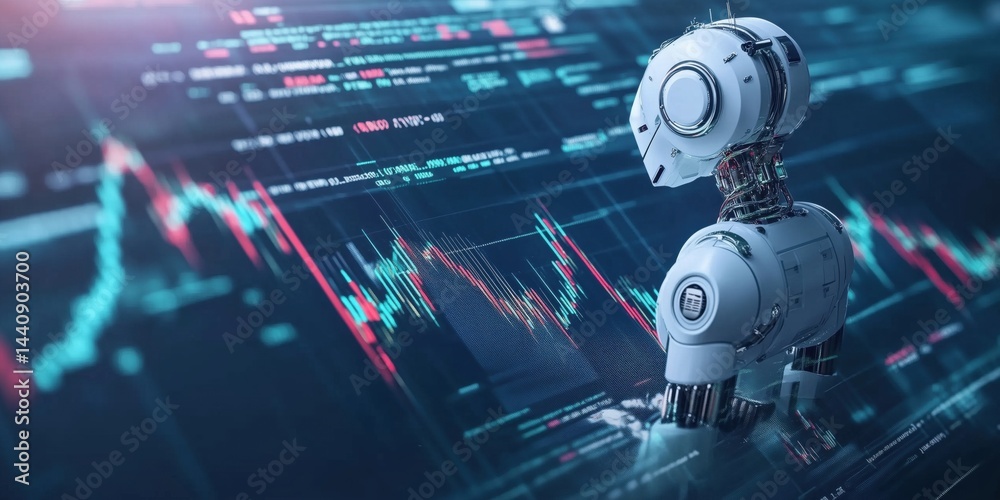 Poster robot analyzing stock market data with financial graphs and charts in background