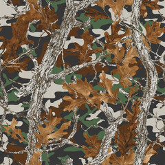 Realistic forest camouflage. Seamless pattern. Trees, branches, green and brown oak leaves. Useable for hunting and military purposes. Hunting camo texture. Abstract camouflage