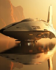Preparing for departure: photorealistic alien Anunnaki starship on Earth, morning light, reflections/textures detailed.